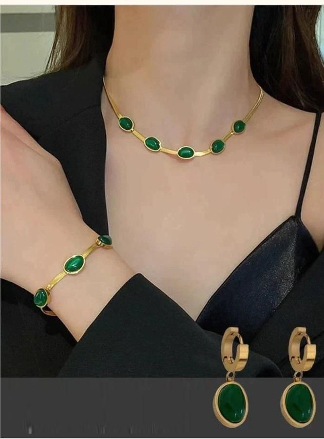 Oval Green Crystal Pendant Necklace Set With Bracelet Default Title Khoppa